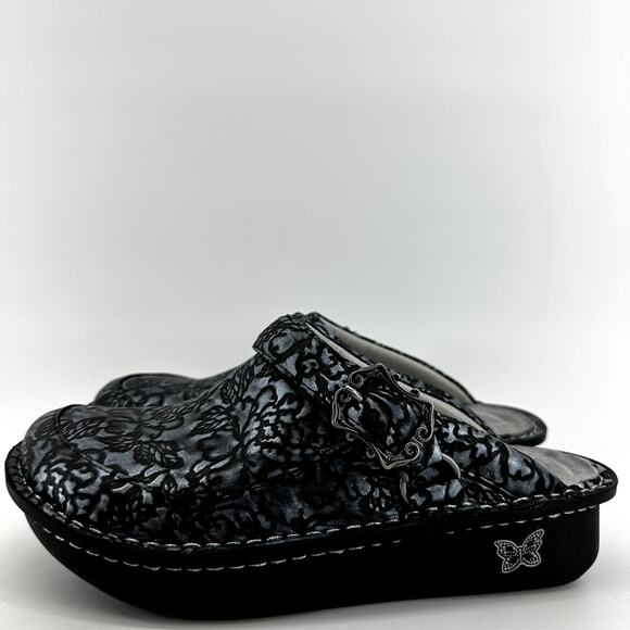 Alegria Seville Clogs Nappa Leather Shoes Slip On Floral Embossed Black 7 - Picture 4 of 7